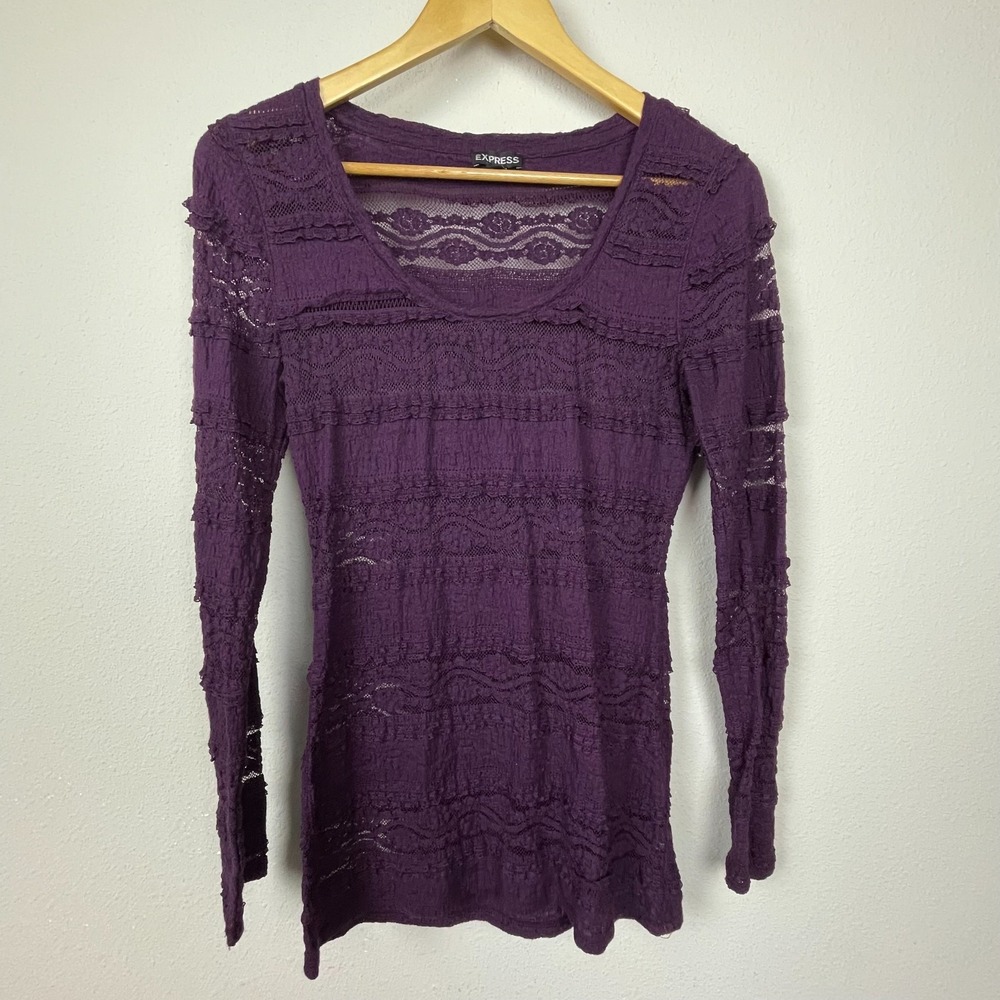 Express Sheer Lace Top Women's Sz‎ S Purple Scoop Neck Long Sleeve Retro Fairy